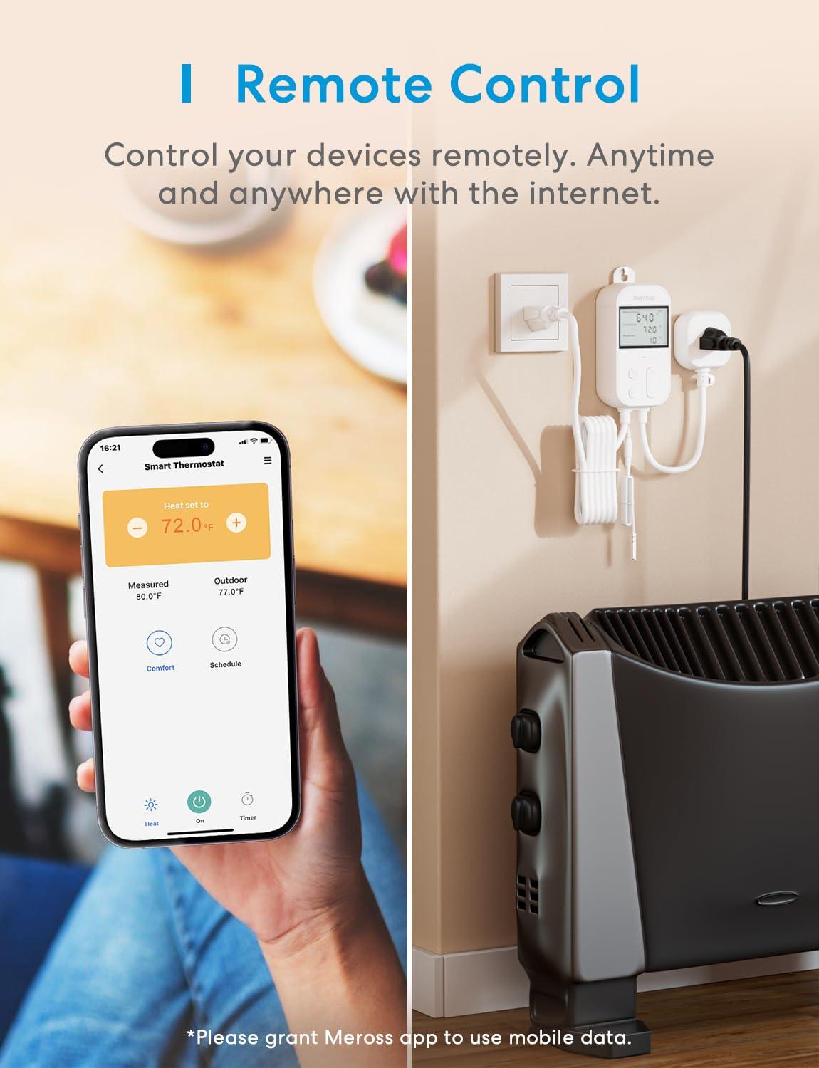 Meross Smart Wi-Fi Socket Thermostat, Heating & Cooling, MTS960HK (US Version)