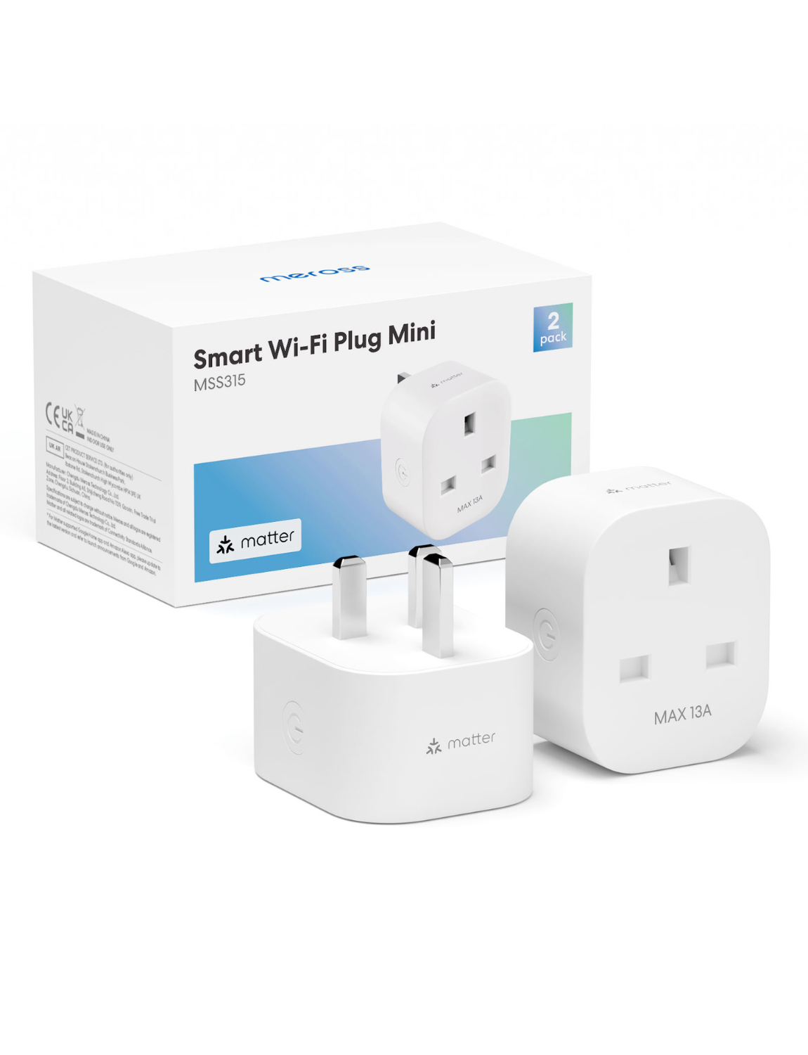 Meross Matter Smart Wi-Fi Plug with Energy Monitor, MSS315 (UK Version), 2 Pack